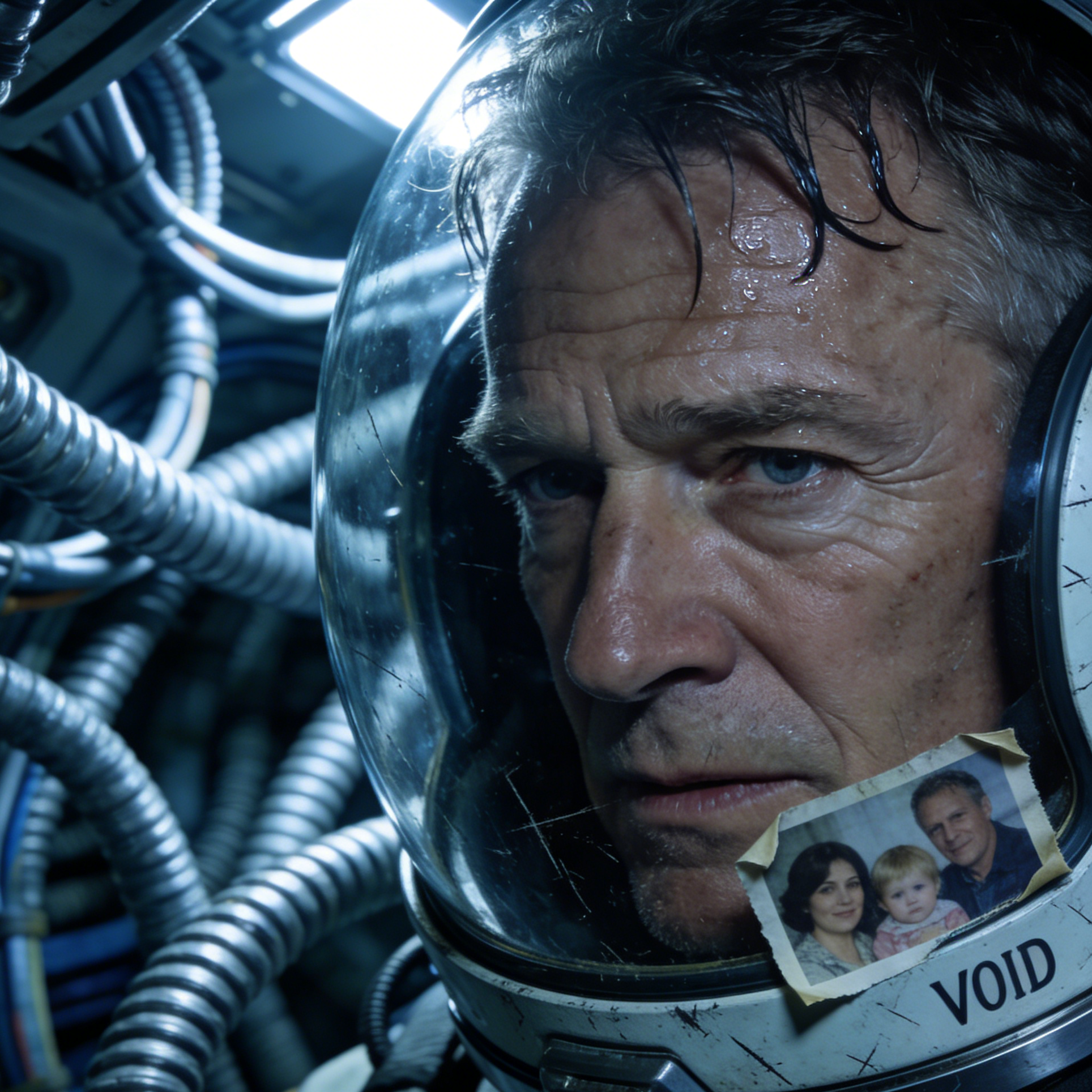 An exhausted astronaut with a VOID helmet rim