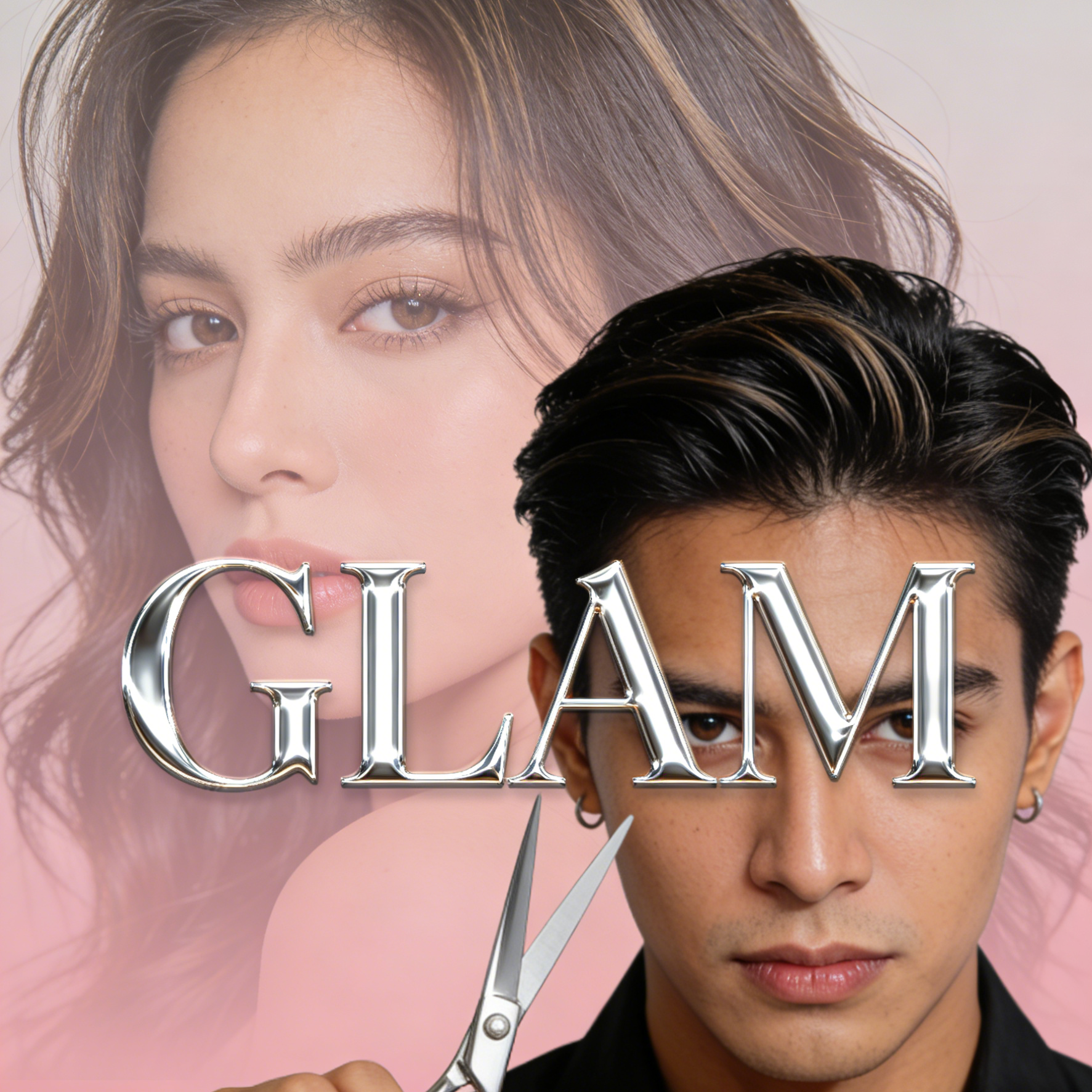 A hair salon flyer featuring a stylist and GLAM metallic text