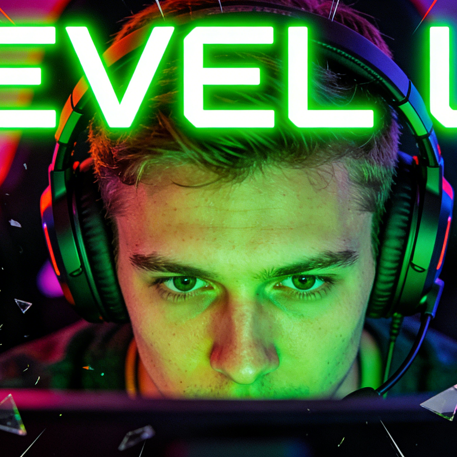 An esports tournament flyer with a gamer and LEVEL UP text