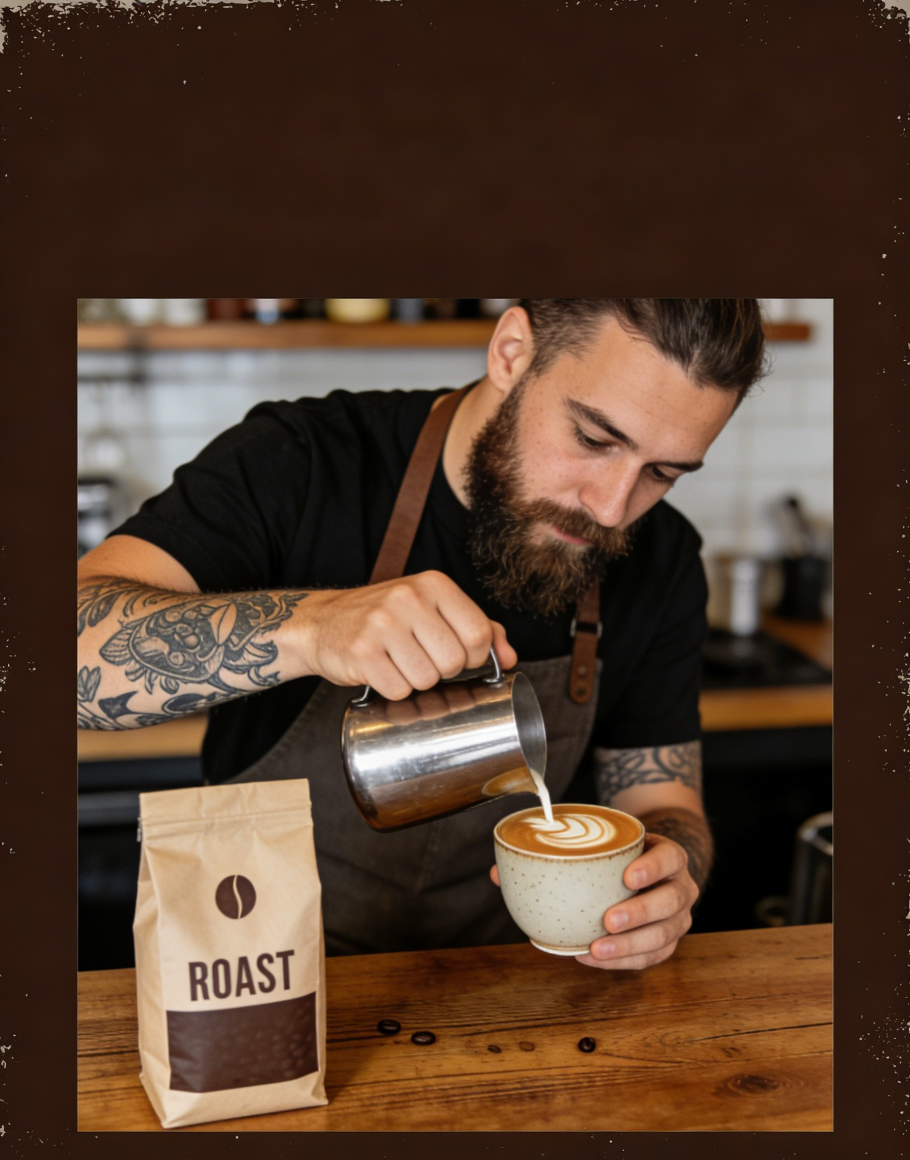 A coffee shop flyer with a barista and ROAST coffee branding