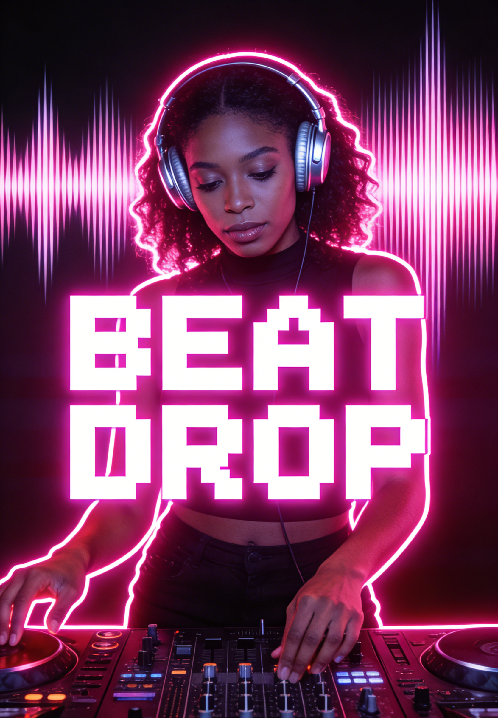 A vibrant party flyer featuring a DJ and BEAT DROP neon text