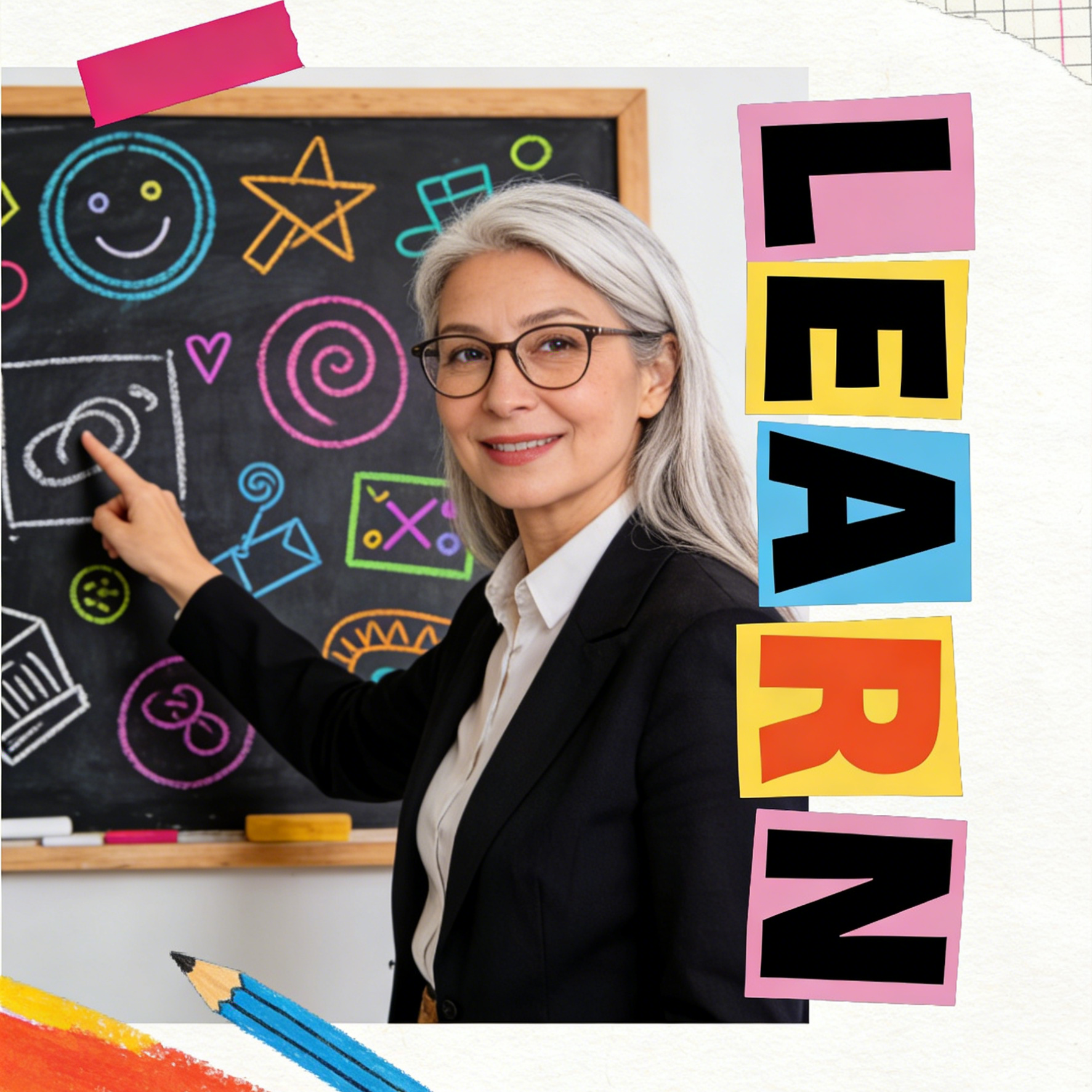 An educational flyer with a teacher and artistic LEARN text
