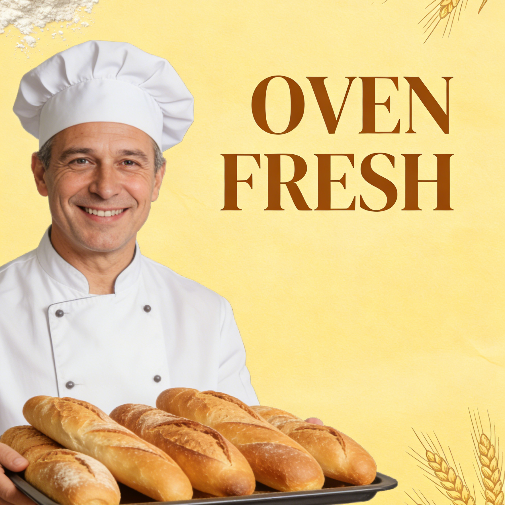 A bakery opening flyer with a baker and OVEN FRESH branding