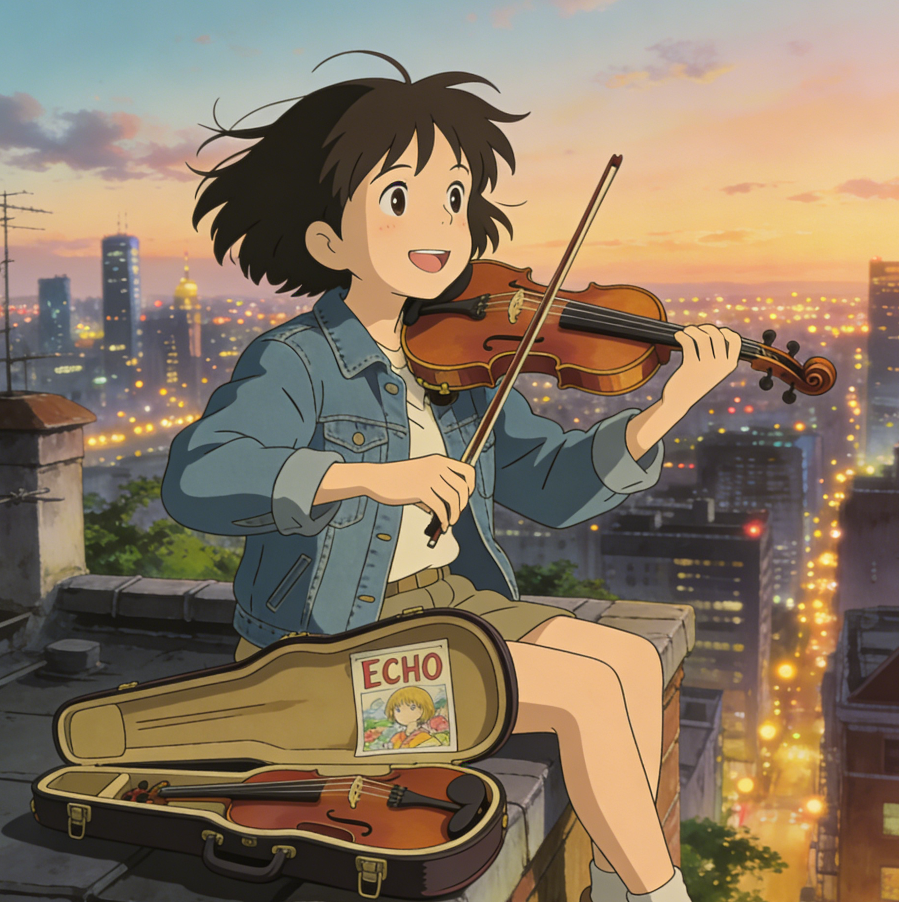 A girl playing violin on a rooftop with an Echo poster