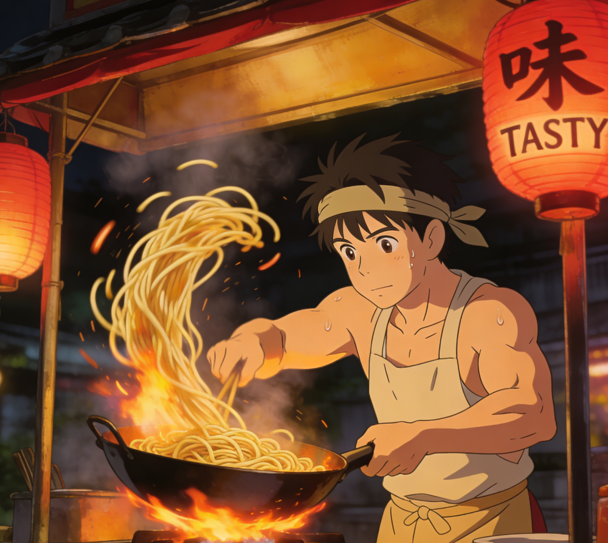 A chef cooking at a Tasty night market stall