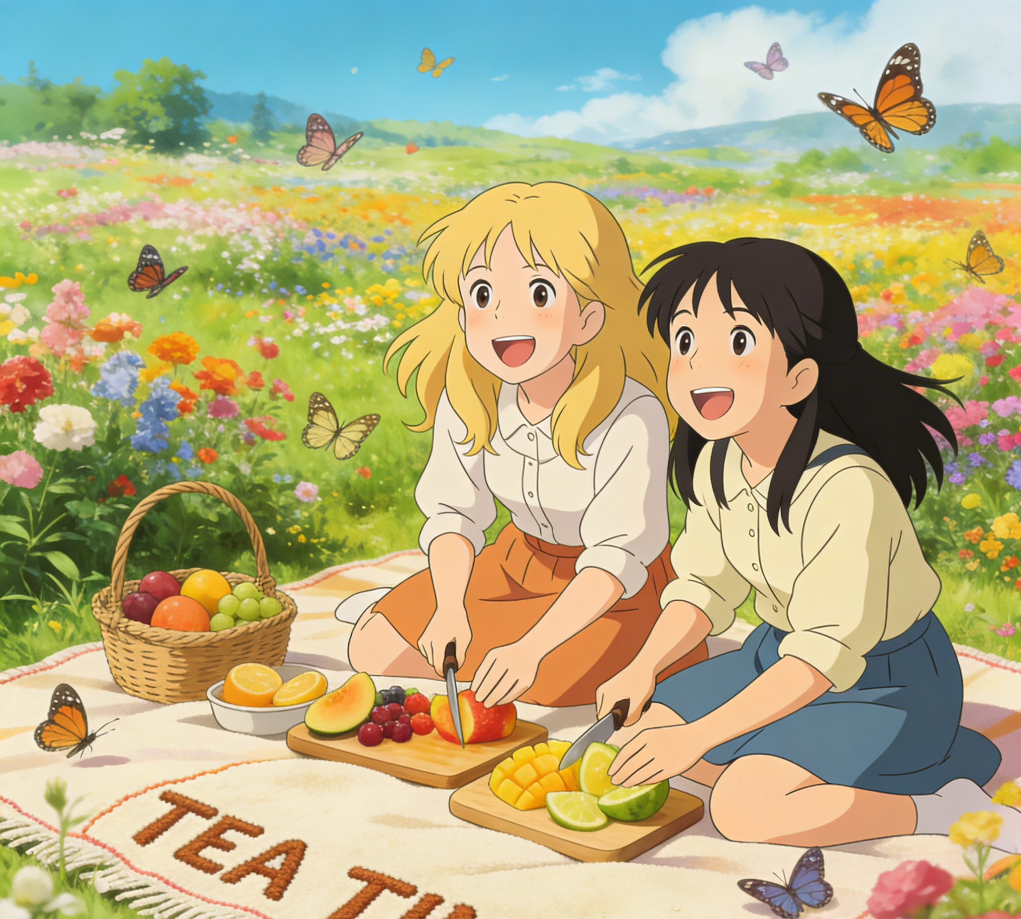 Two friends having tea time in a vibrant flower field