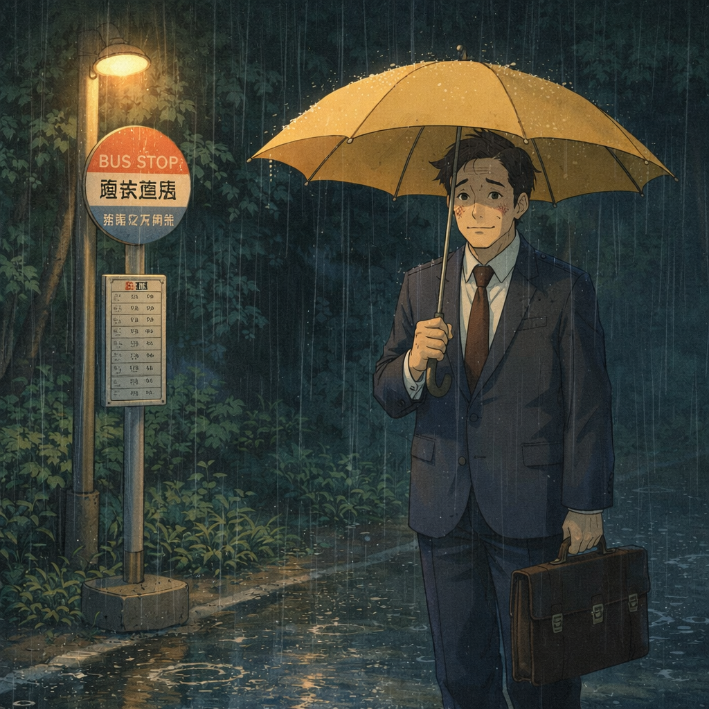 A man with a yellow umbrella waiting at a bus stop in the rain