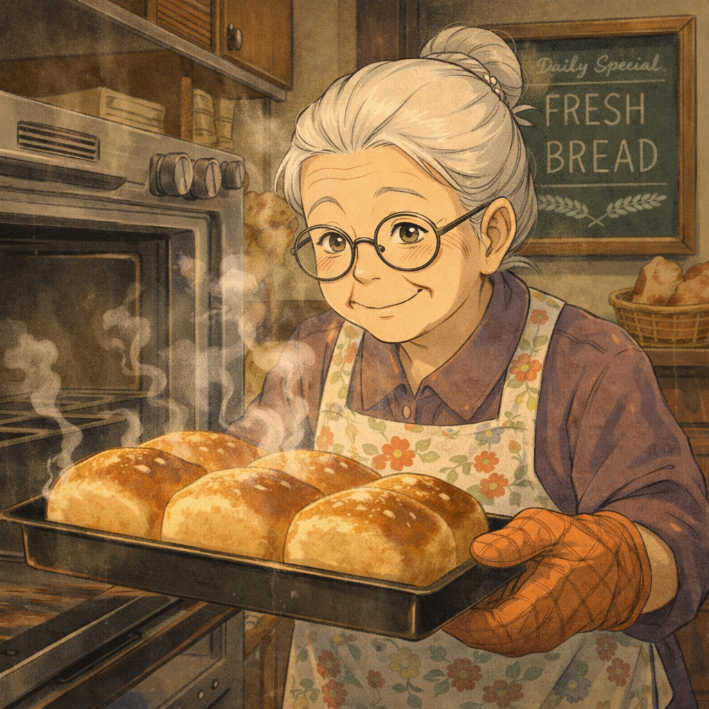 A grandmother baking fresh bread in a cozy Ghibli kitchen