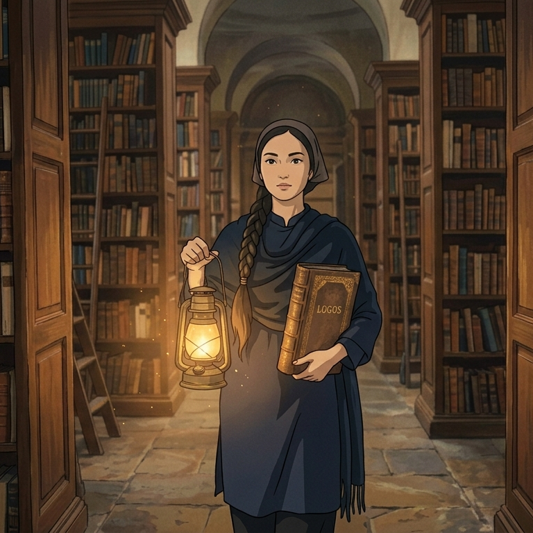 A librarian with a lamp holding a Logos book at night