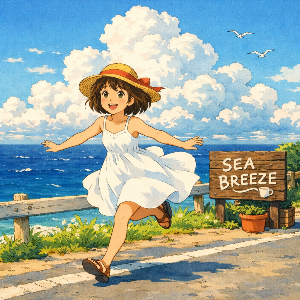 A girl running by the sea in Ghibli style with a Sea Breeze sign
