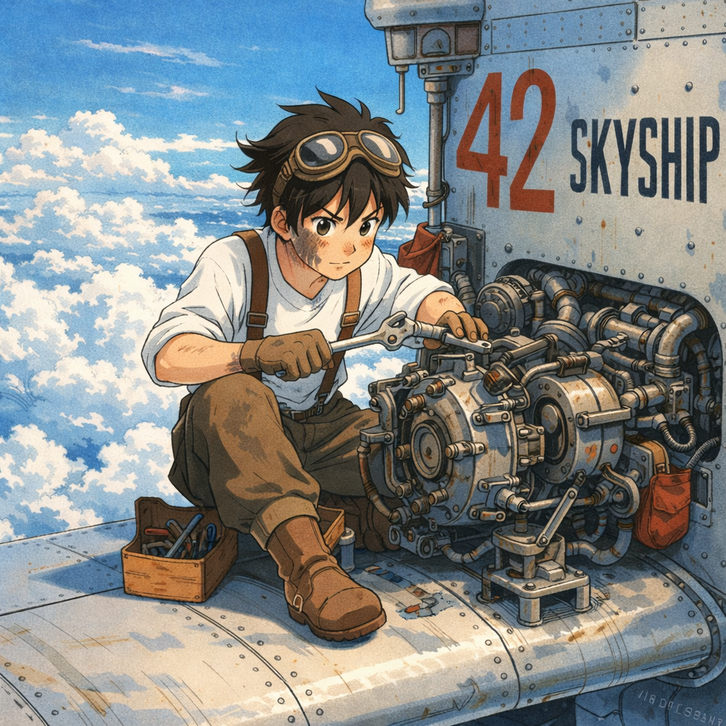 A boy repairing a Skyship engine above the clouds
