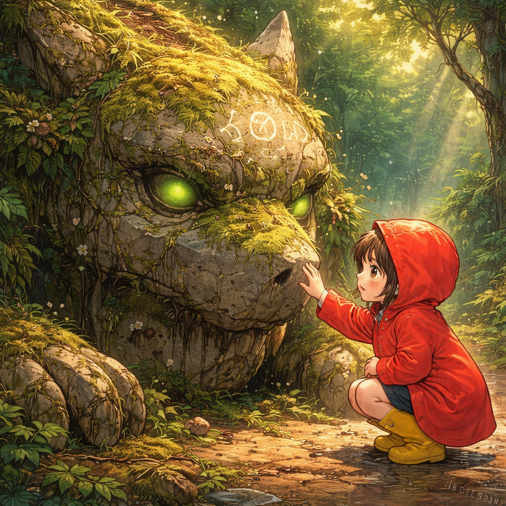 A girl in a red raincoat discovering a guard stone beast