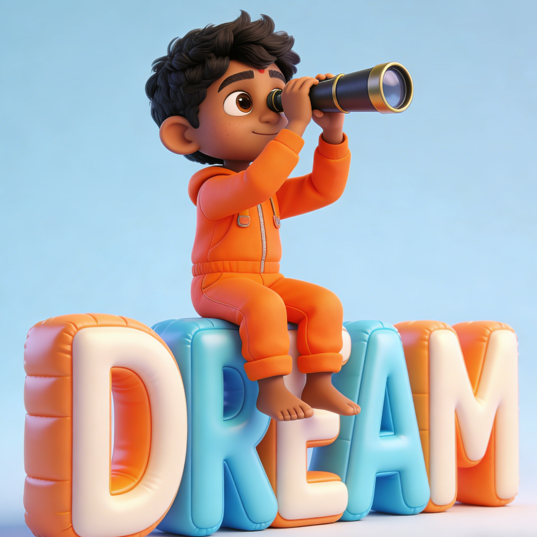 A 3D mascot graphic with a child character sitting on inflatable Dream letters