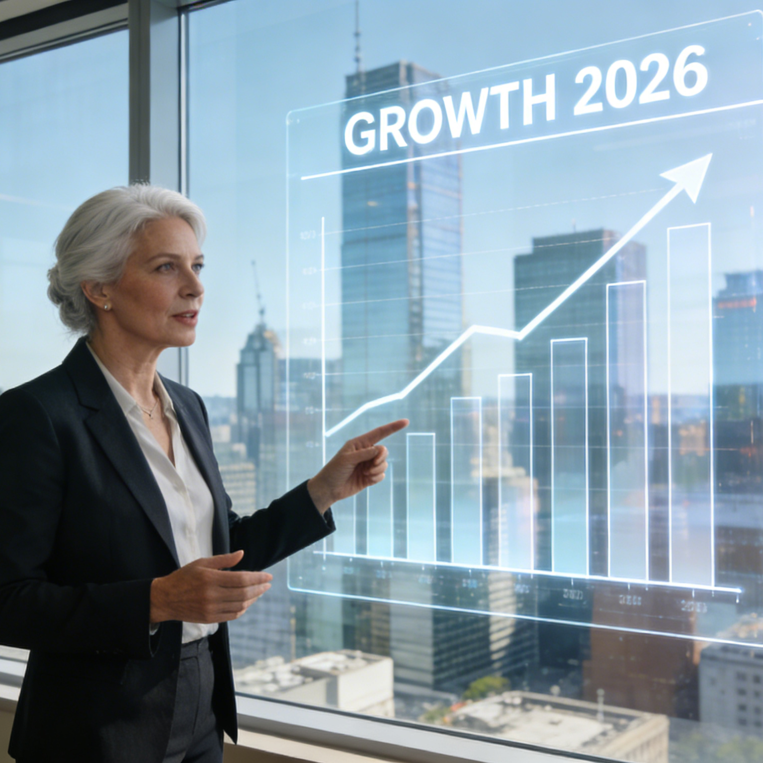 A business graphic scene showing a Growth 2026 chart over a city skyline