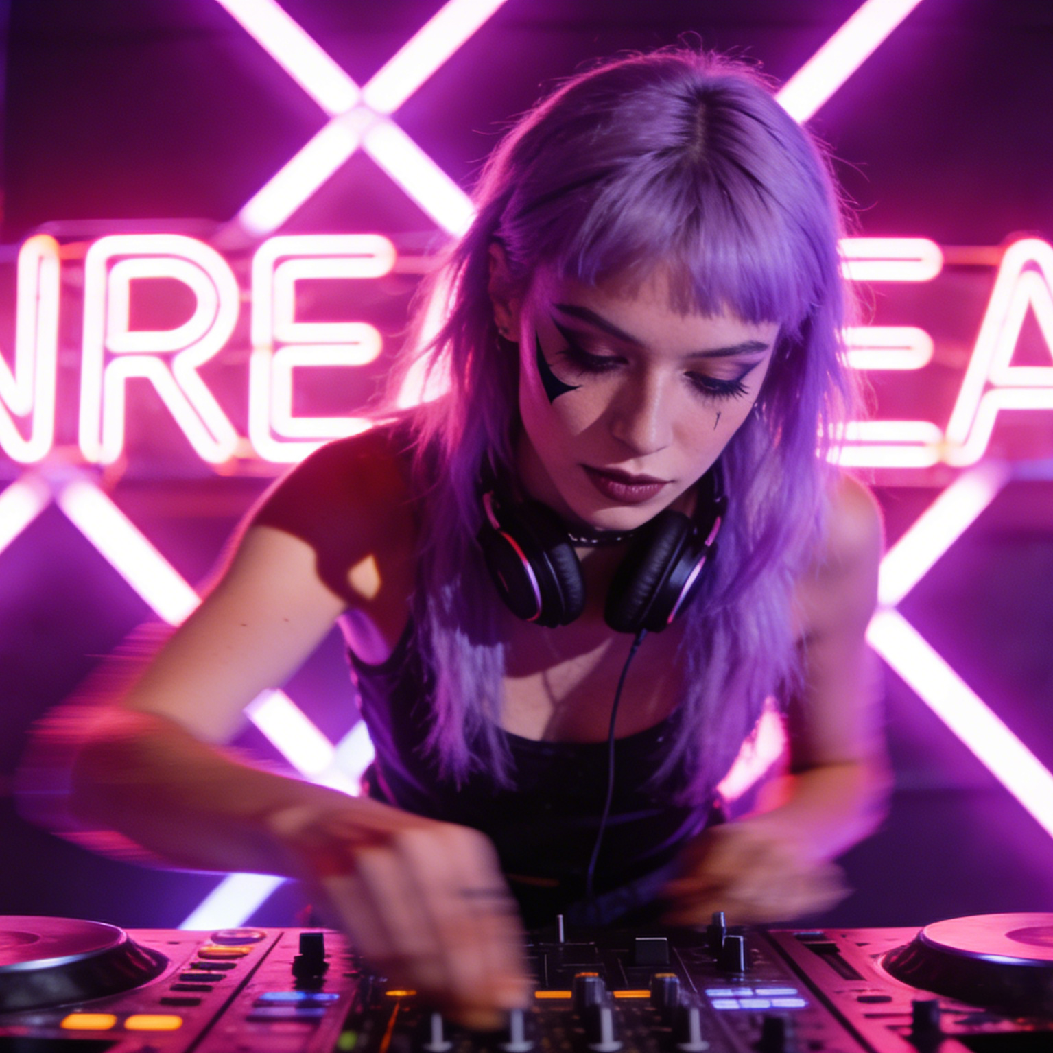 A neon music campaign visual with a purple-haired DJ performing in front of glowing signage