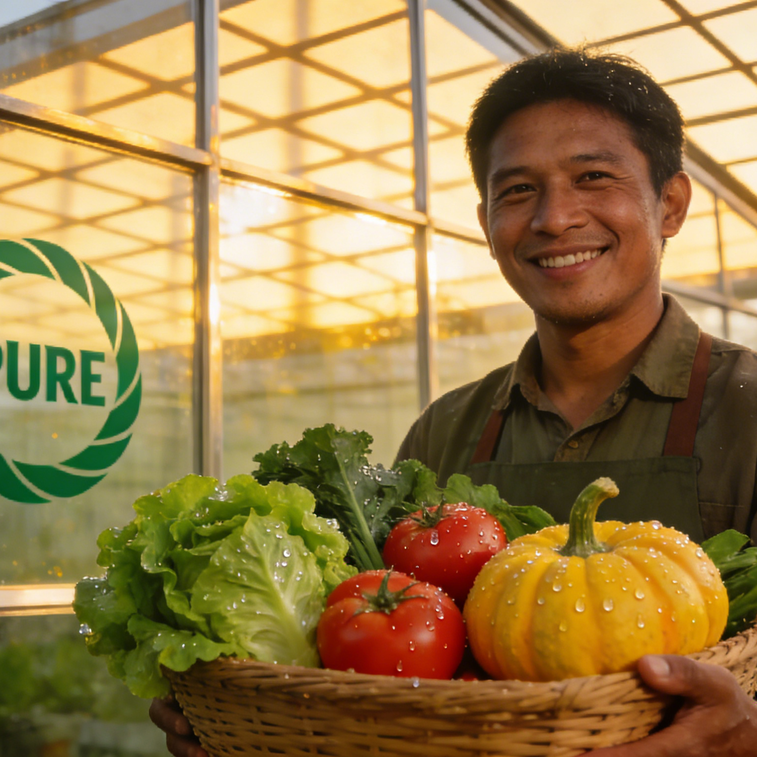 A branded organic produce campaign image with a smiling farmer holding a vegetable basket