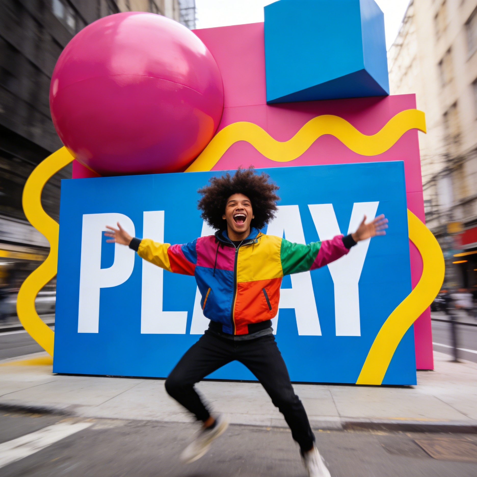 A bright urban graphic installation with oversized Play typography and colorful geometric shapes