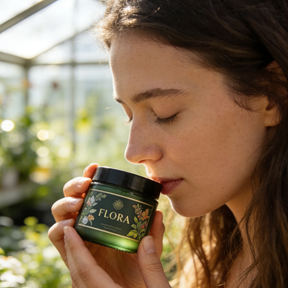 A product packaging concept with a Flora jar held in warm greenhouse light