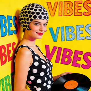 A retro fashion-style graphic with repeated Vibes typography and bright poster colors