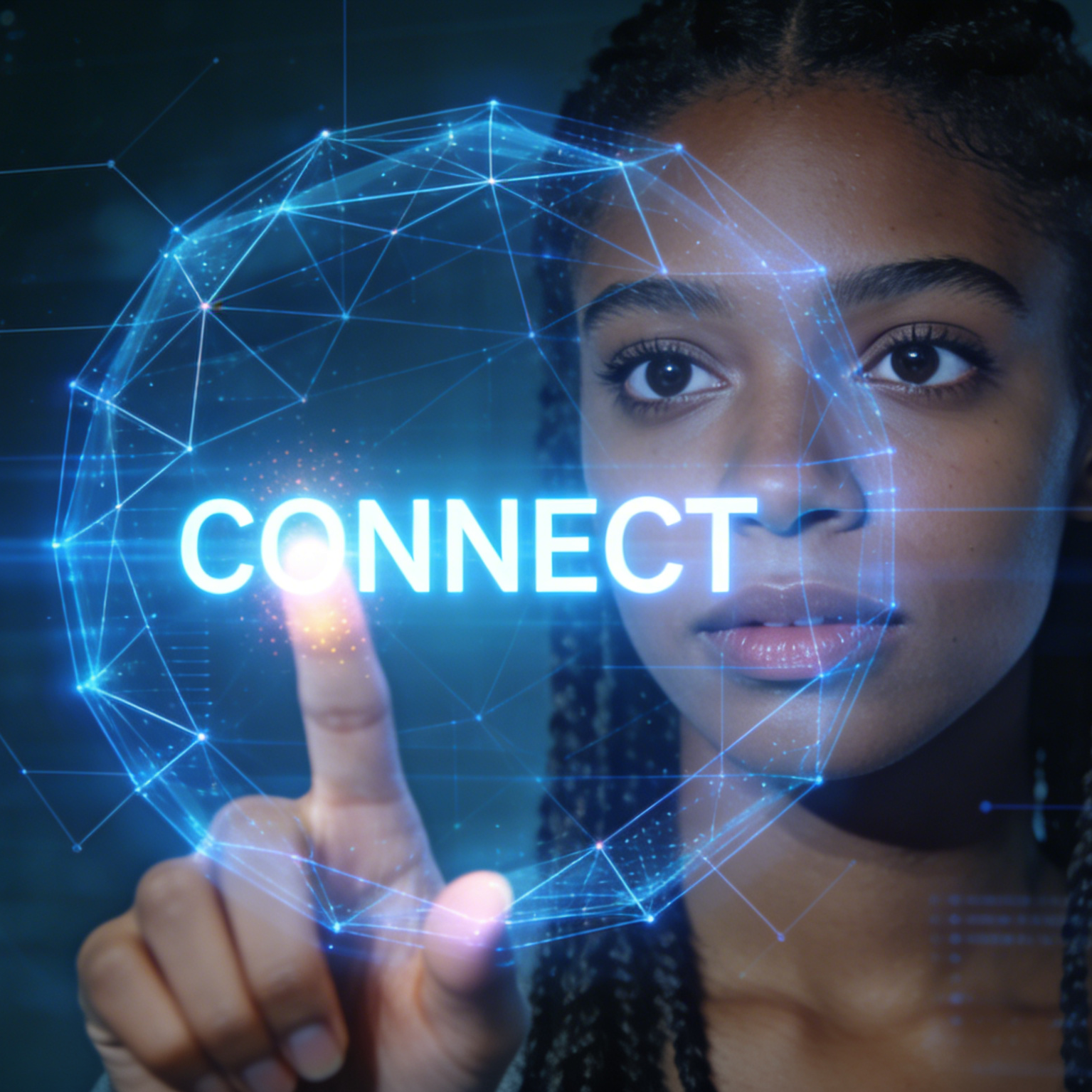 A futuristic tech visual with a person touching a glowing Connect interface