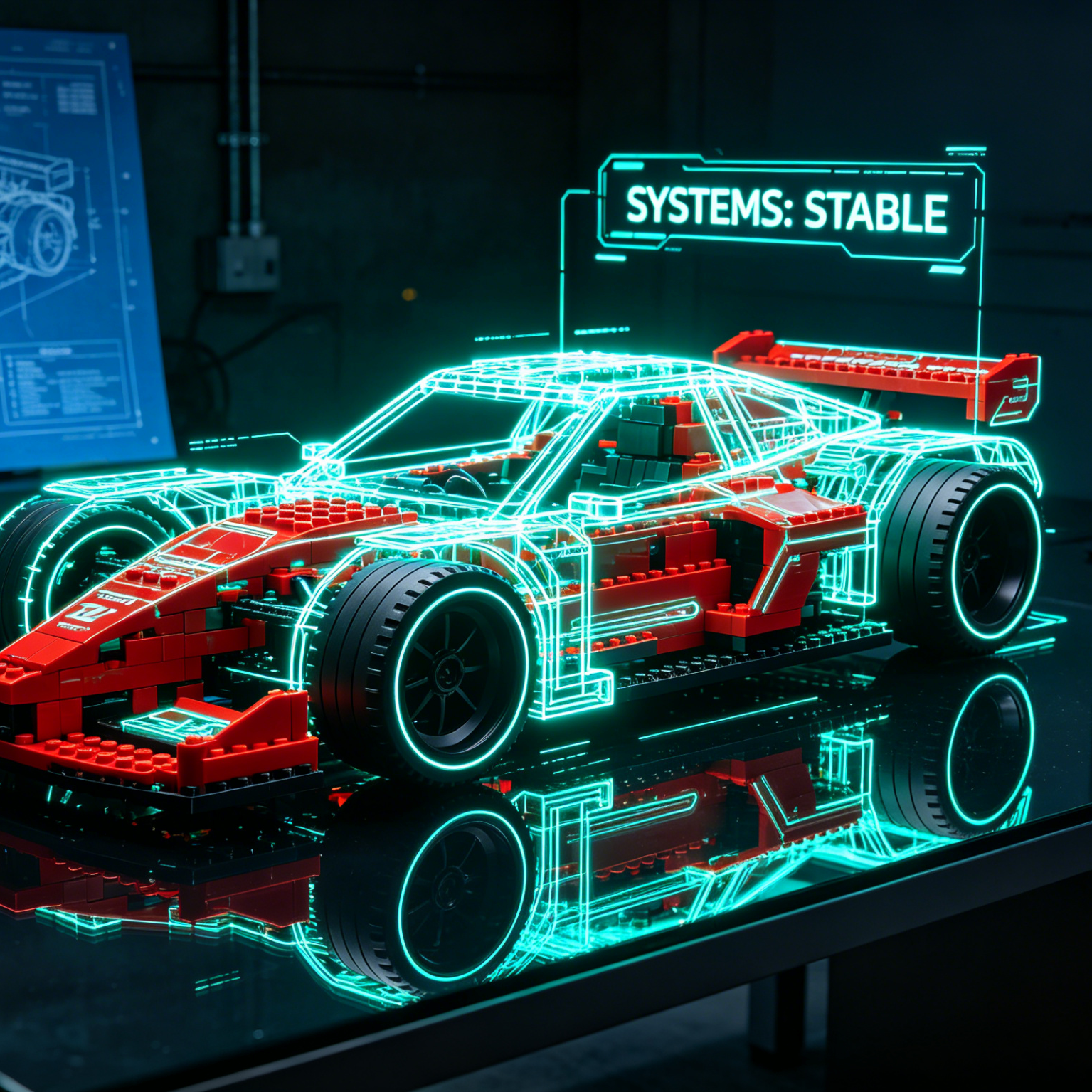 AI LEGO Car Generator example: black and orange brick car on