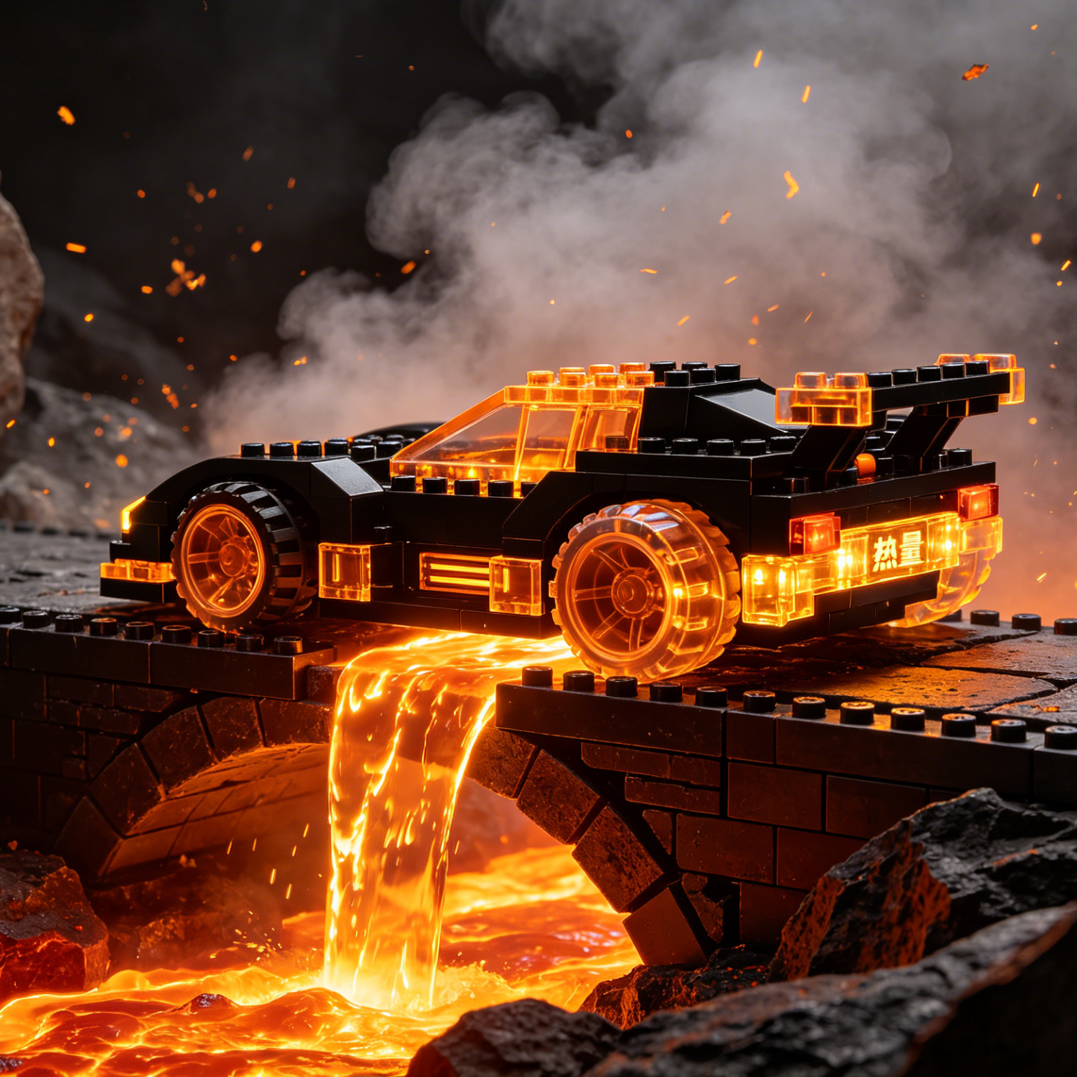AI LEGO Car Generator example: glowing 3d wireframe brick car floating