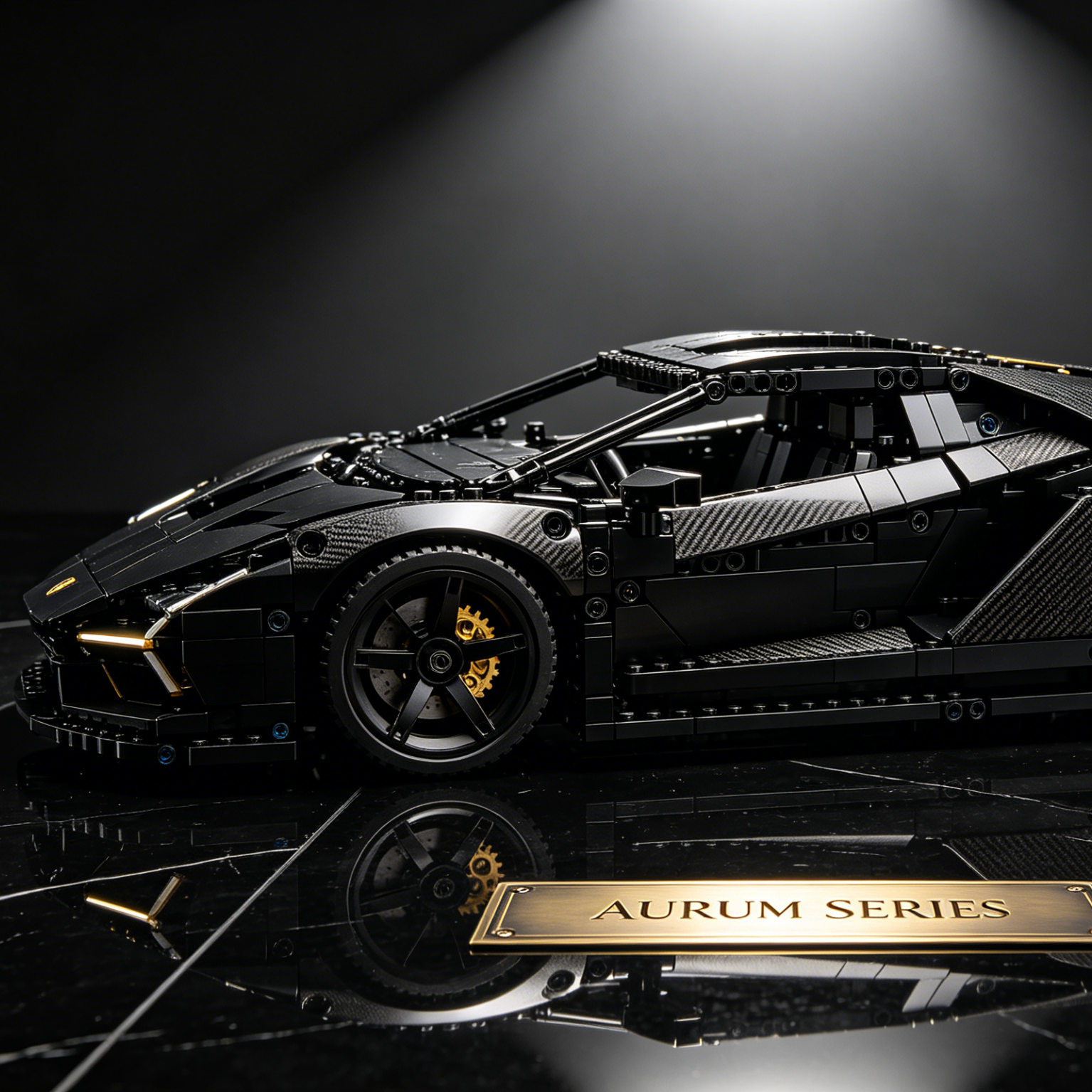 AI LEGO Car Generator style sample: matte black brick supercar with gold