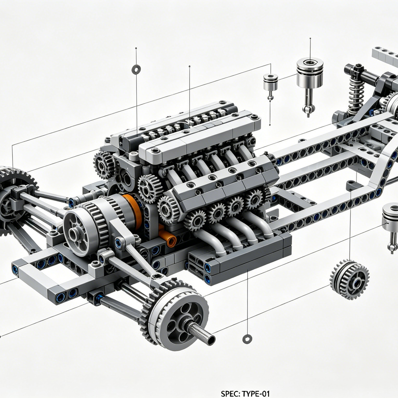 AI LEGO Car Generator style sample: an exploded view of a brick