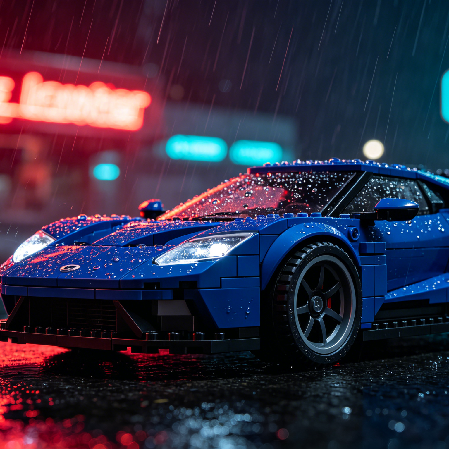 AI LEGO Car Generator style sample: vivid blue brick race car on