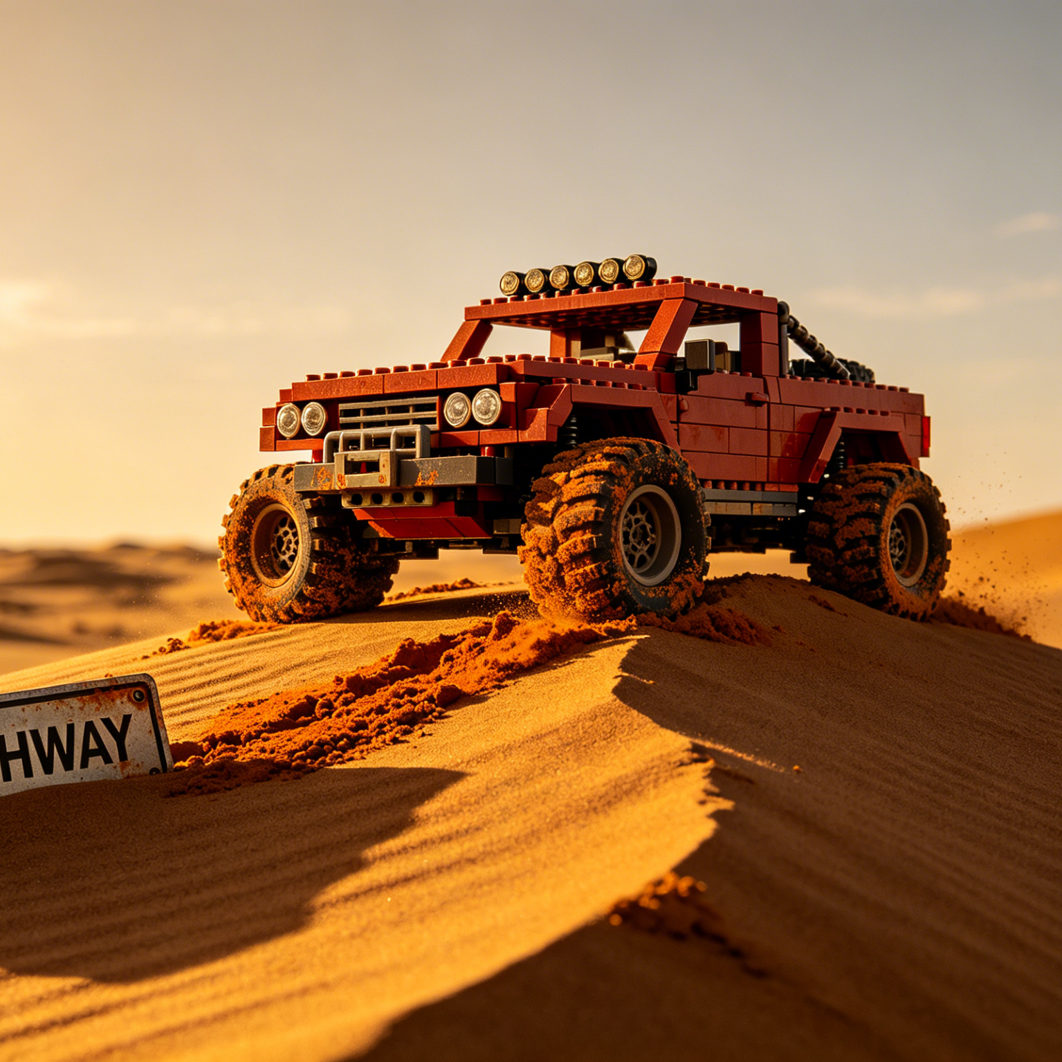 AI LEGO Car Generator style sample: weathered tan brick off-roader on a