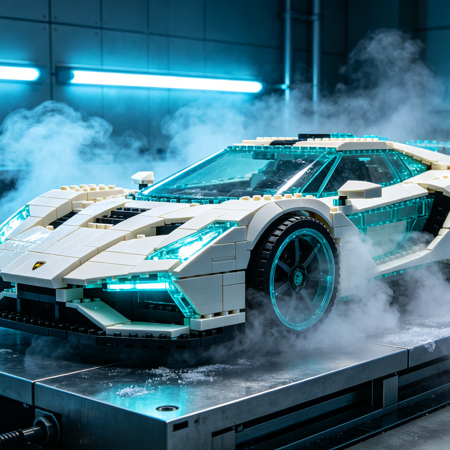 AI LEGO Car Generator style sample: white brick concept car emitting cold