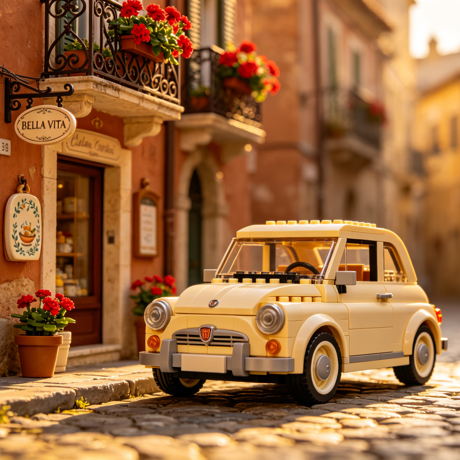 AI LEGO Car Generator style sample: yellow brick vintage car on a