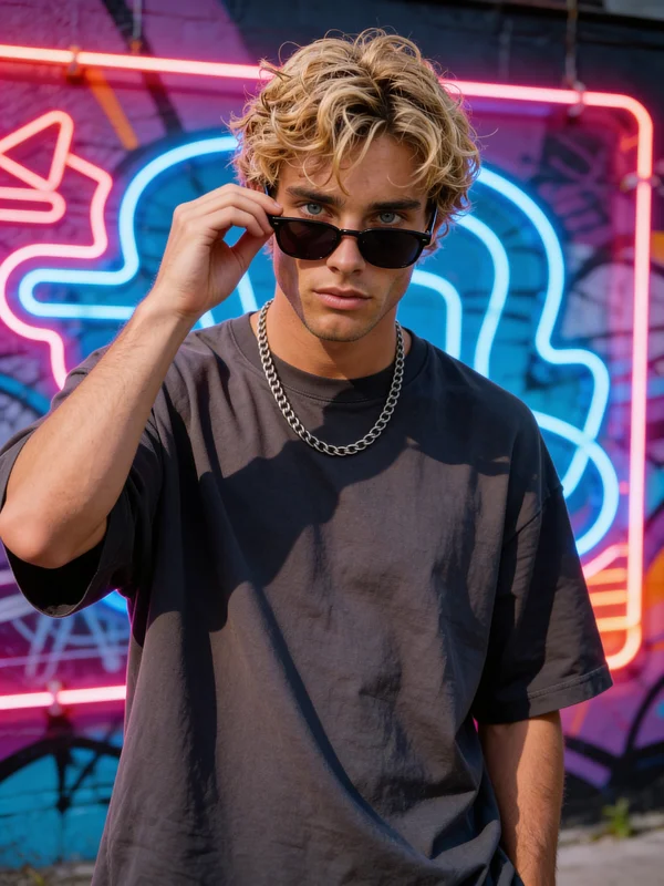 High contrast AI male portrait with neon and graffiti
