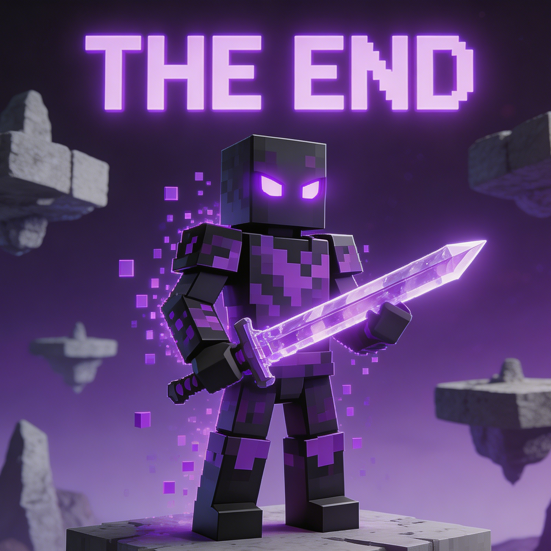 An End-themed knight skin with a purple sword and THE END sky
