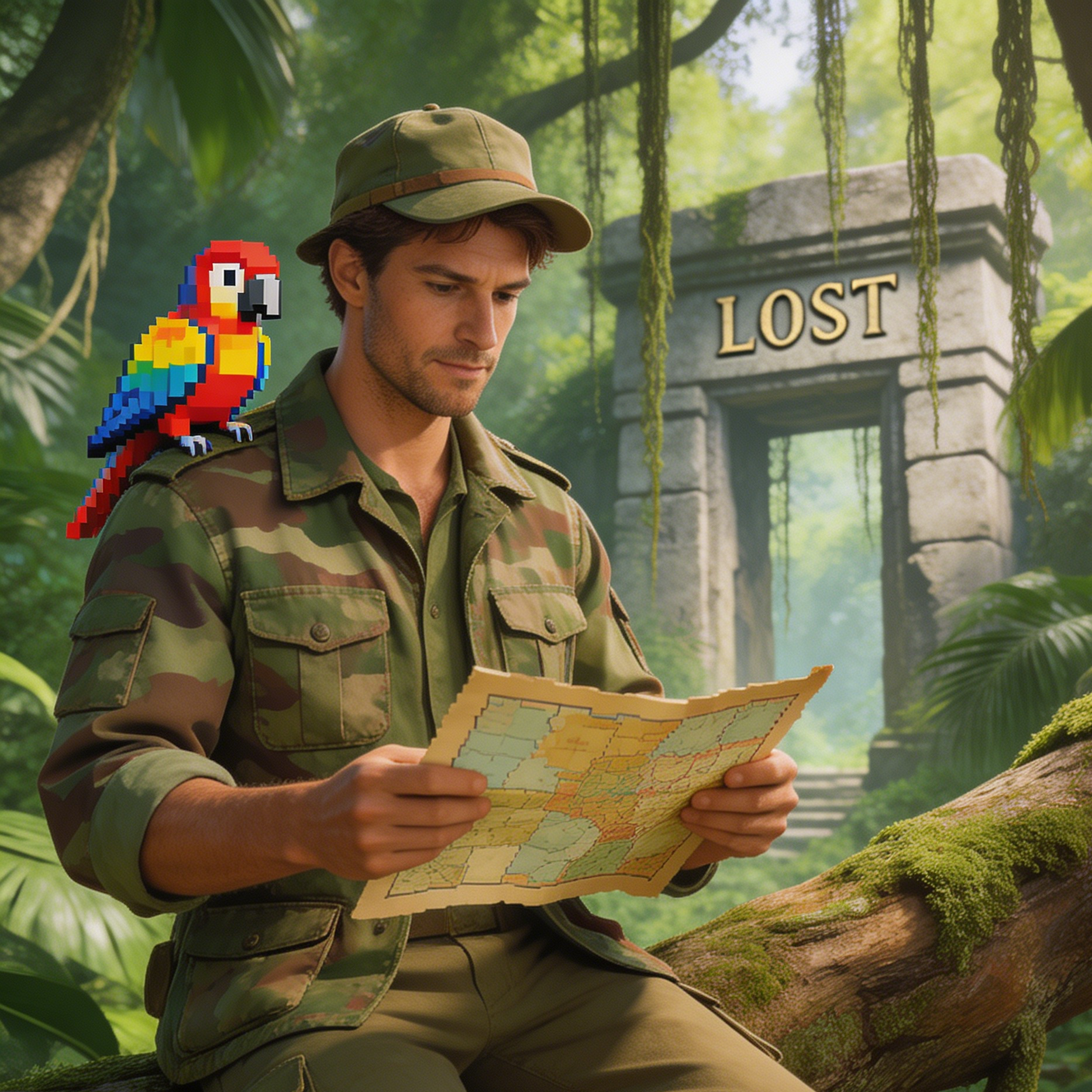 A jungle scout skin with a parrot near a LOST ancient gate
