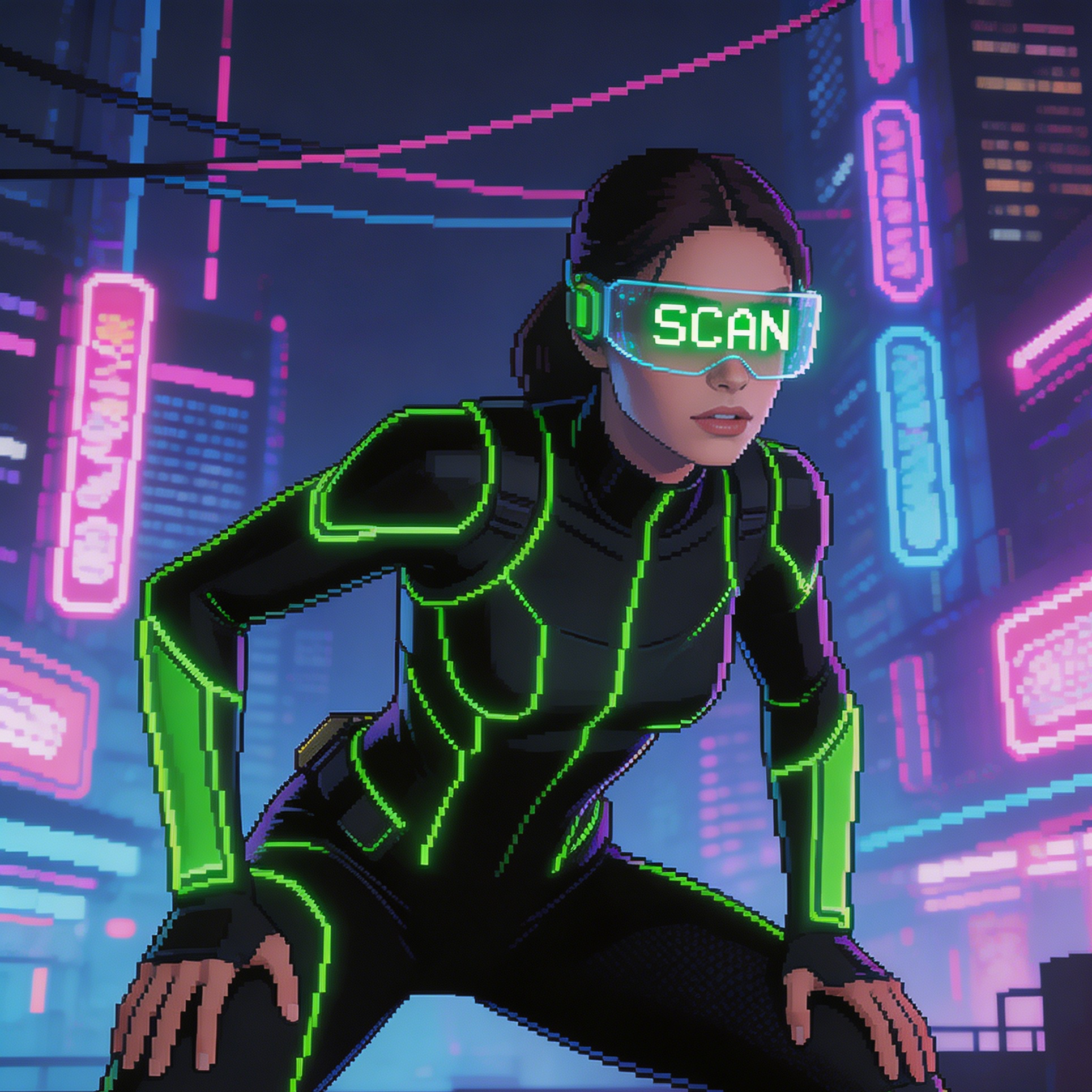 A neon assassin skin with a SCAN visor in a cyberpunk city