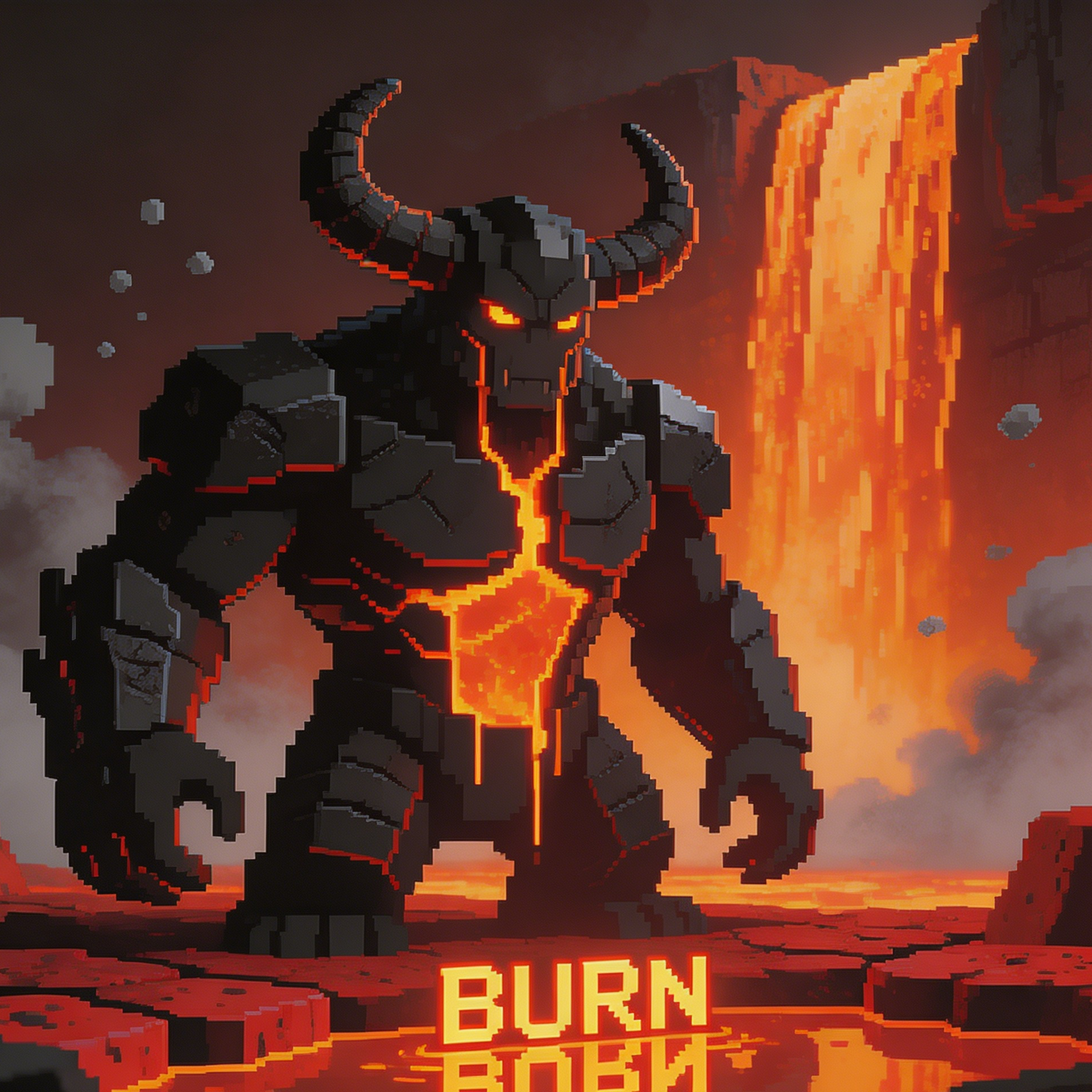 A lava demon skin in the Nether with BURN reflected in magma