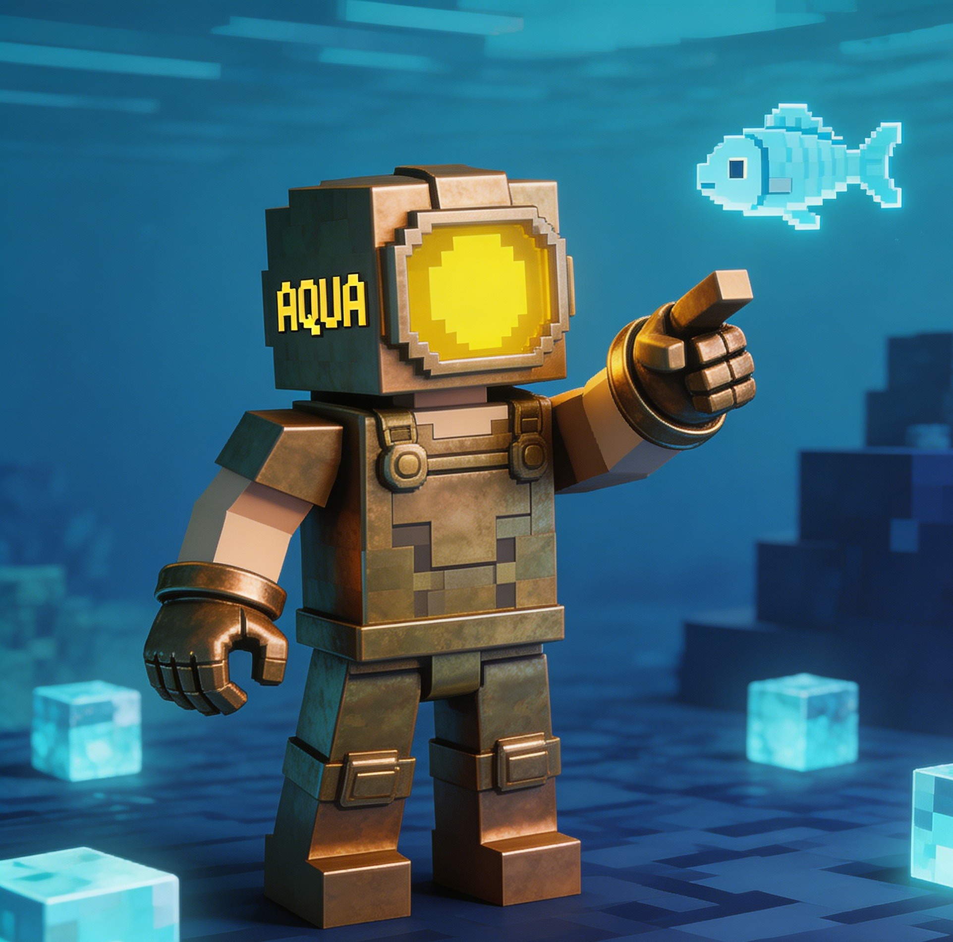 A Minecraft diver skin standing on ocean blocks with AQUA text
