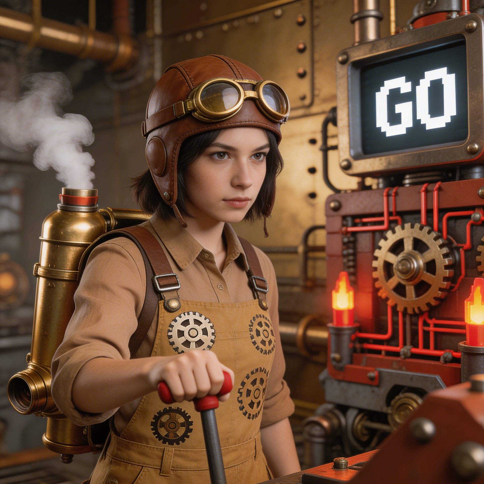 Steampunk engineer skin next to a redstone machine with GO text
