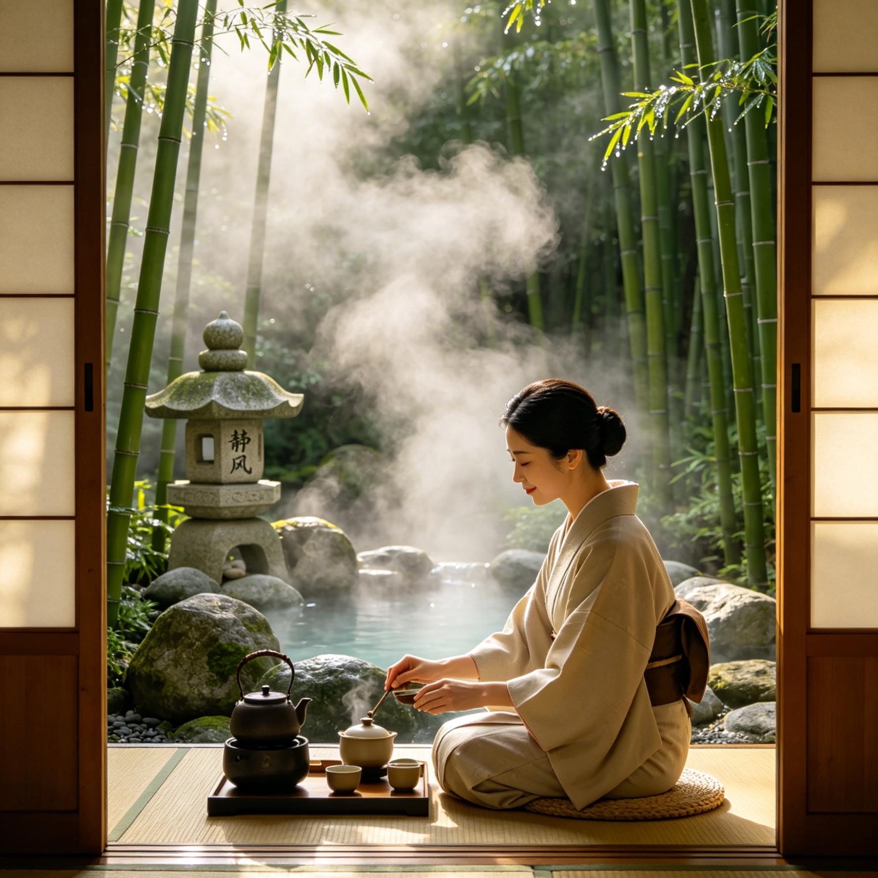 AI Resort Generator example: minimalist zen resort with steaming hot
