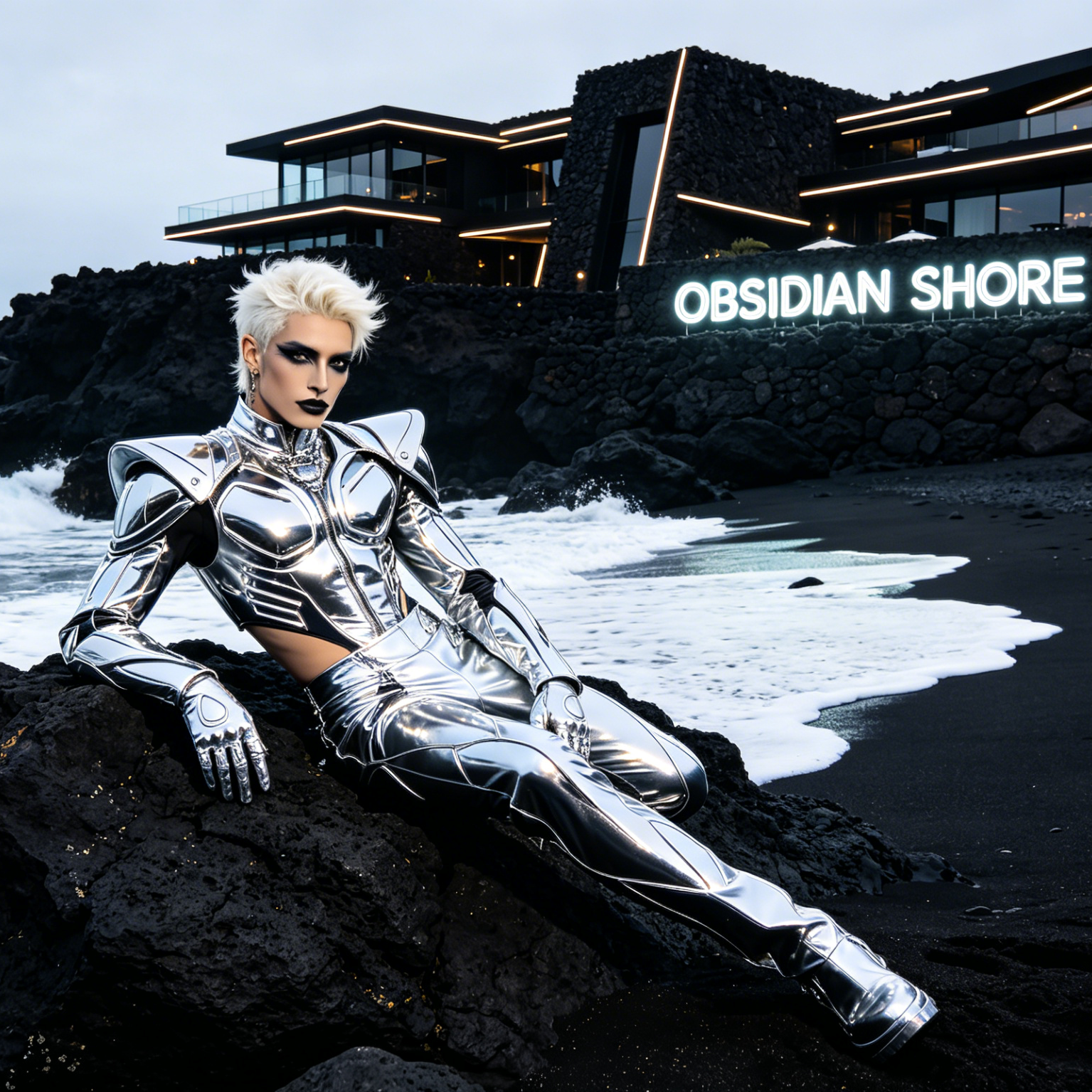 AI Resort Generator style sample: sleek obsidian-colored hotel on a black
