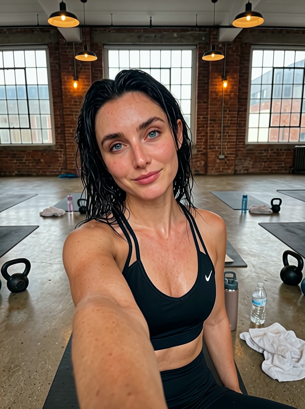Preview video of a woman after a workout in a gym, generated by AI