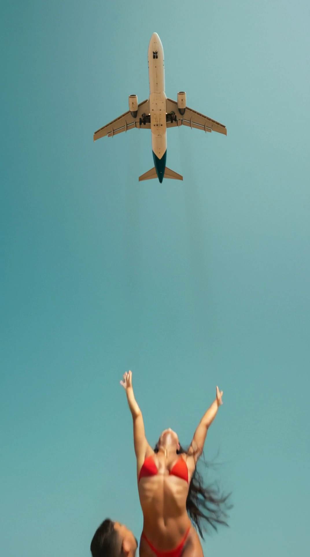 Preview video of AI generated beach lift with jet overhead