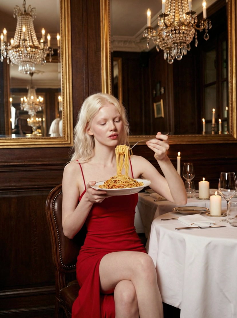 AI Video Generator Eating Pasta style 2: Dramatic Ambiance