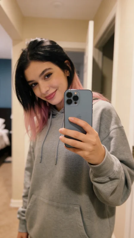 AI-generated home mirror selfie carousel showing a woman in a warm pink bedroom environment with natural window light, blush-toned walls, and casual girl-aesthetic composition across multiple frames