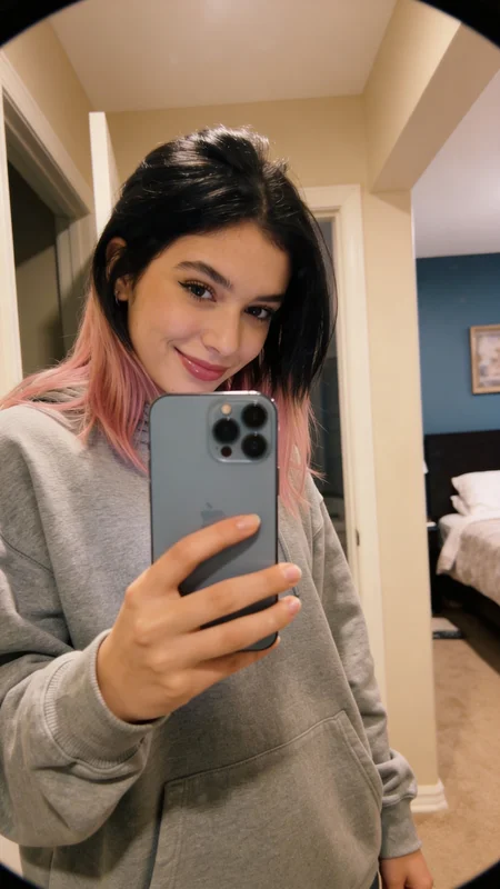 AI-generated home mirror selfie carousel showing a woman in a warm pink bedroom environment with natural window light, blush-toned walls, and casual girl-aesthetic composition across multiple frames variation 2