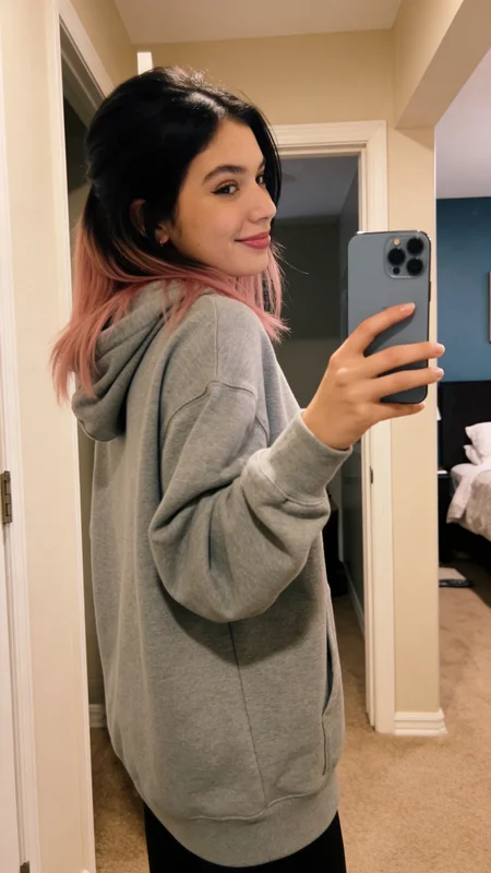 AI-generated home mirror selfie carousel showing a woman in a warm pink bedroom environment with natural window light, blush-toned walls, and casual girl-aesthetic composition across multiple frames variation 3