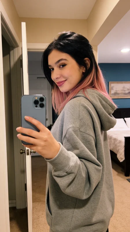 AI-generated home mirror selfie carousel showing a woman in a warm pink bedroom environment with natural window light, blush-toned walls, and casual girl-aesthetic composition across multiple frames variation 4