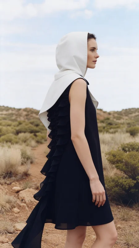 AI-generated black and white fashion editorial carousel showcasing a hooded figure in an asymmetric desert composition with high-contrast, silver-gelatin-inspired tonal quality across multiple frames.