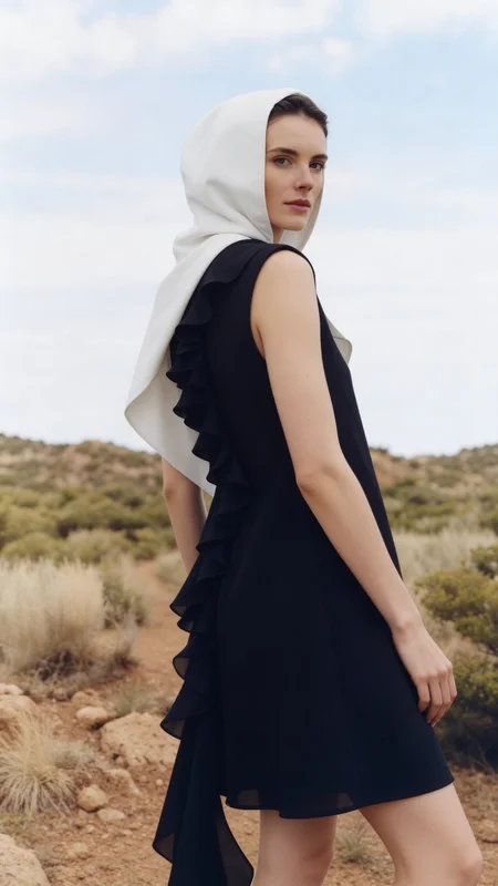 AI-generated black and white fashion editorial carousel showing a hooded woman in asymmetric desert composition with high-contrast silver-gelatin tonal quality across multiple frames variation 2